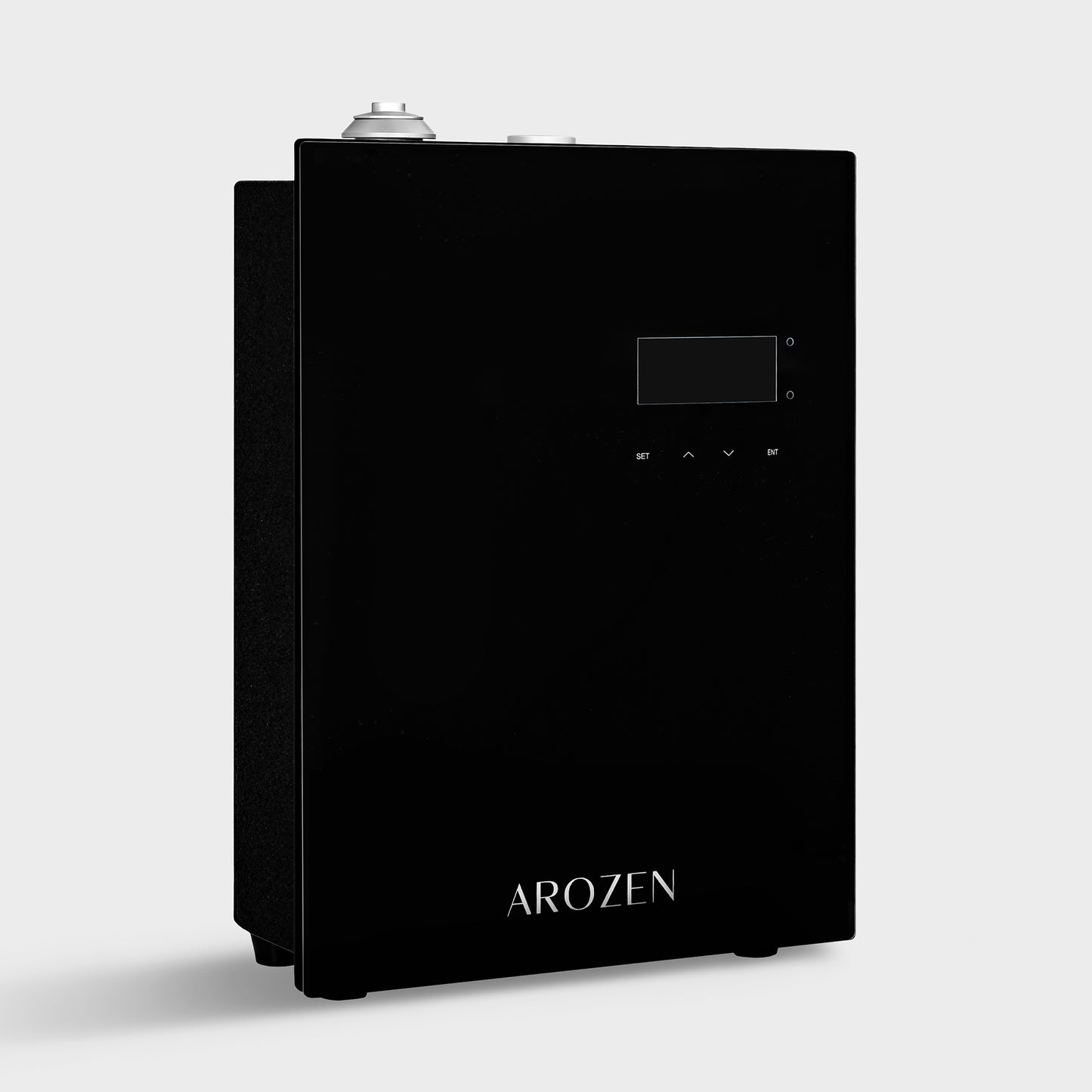 The VORTEX ULTRA ELECTRIC SCENT DIFFUSER by Arozen is a sleek black rectangular electric device with a small digital display and front control buttons, labeled “Arozen” at the bottom, using cold-air diffusion to disperse fragrance oils. Set on a plain light gray background.