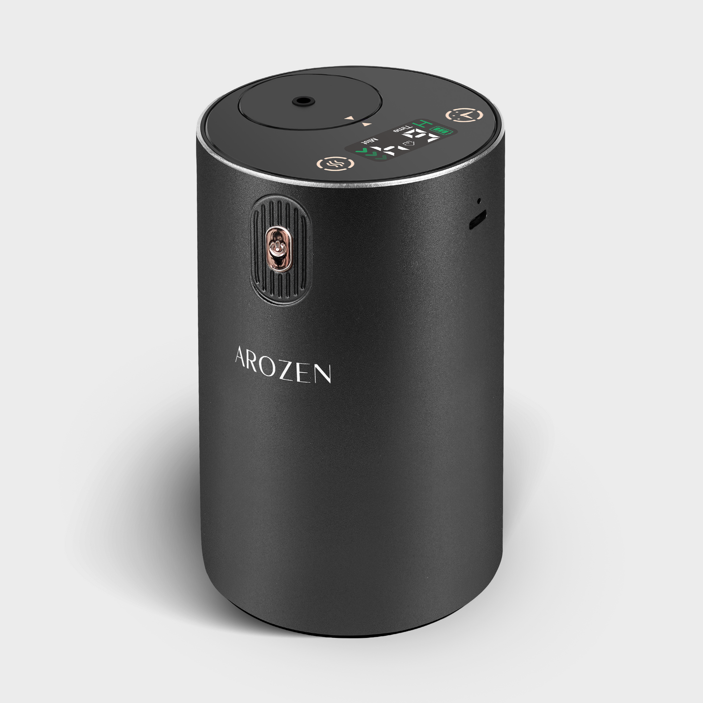 A sleek black cylindrical EON MINI ELECTRIC SCENT DIFFUSER by Arozen on a grey background.