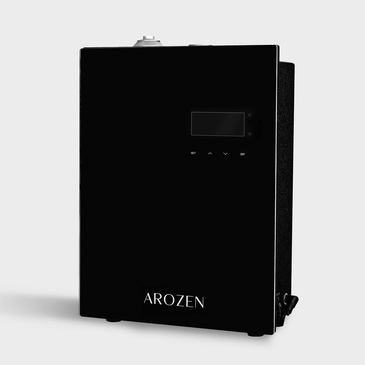 The VORTEX ULTRA ELECTRIC SCENT DIFFUSER by Arozen is a sleek black electric diffuser with a digital display and control buttons for cold-air diffusion of fragrance oils, shown against a plain white background.