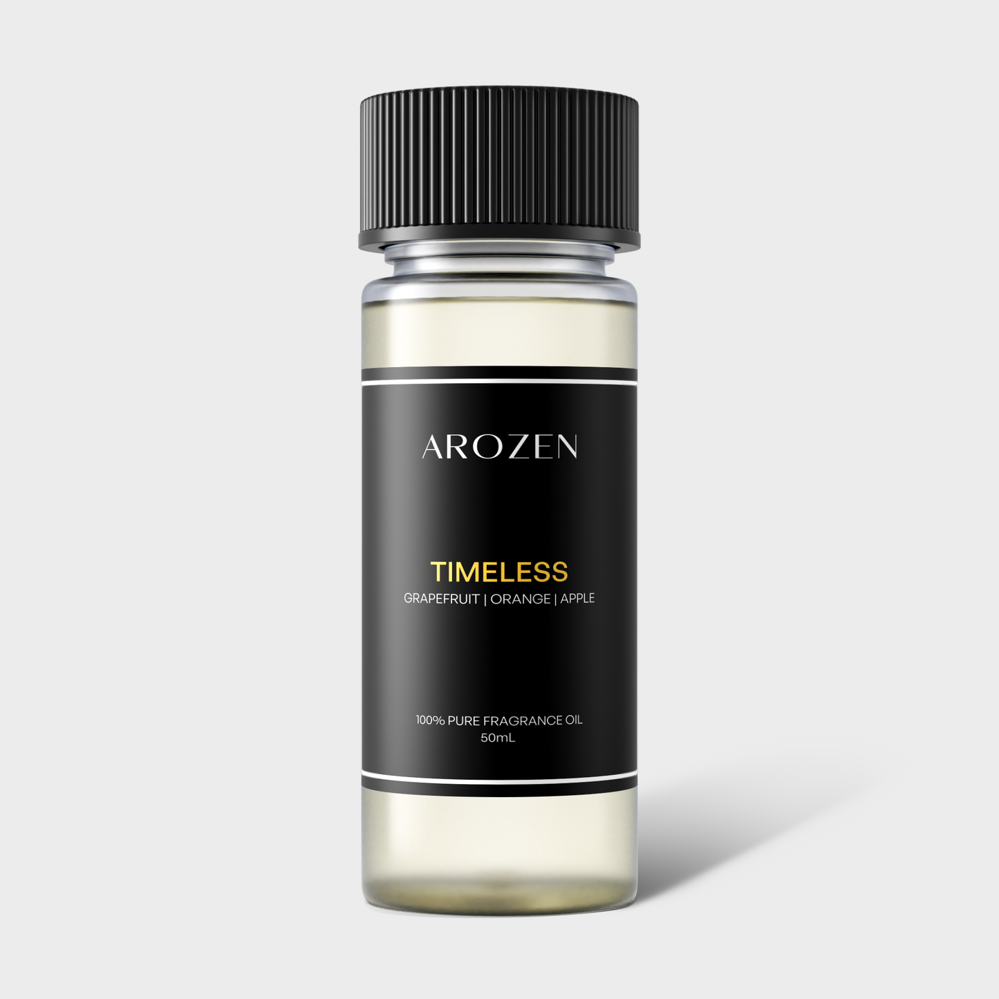 The 50ml AROZEN TIMELESS Citrus Fragrance Oil, with grapefruit, orange, and apple notes, comes in a clear bottle with a black label and cap—ideal for Electric Scent Diffusers and inspired by Marriott Hotels.
