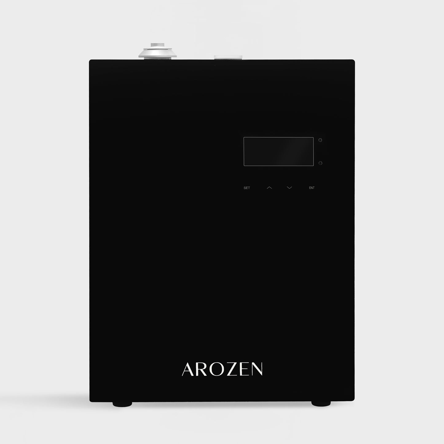 The VORTEX ULTRA ELECTRIC SCENT DIFFUSER by Arozen is a black rectangular device featuring a display and front control buttons, with “Arozen” at the bottom. Ideal for fragrance oils via cold-air diffusion. Shown against a plain white background.